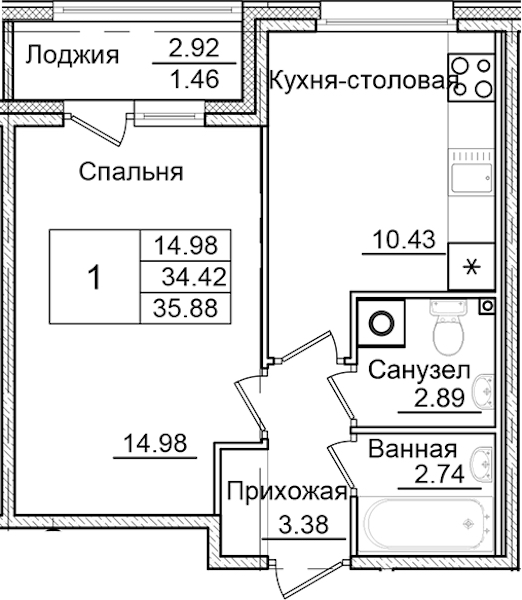 1-комнатная квартира 35.88 м², 1/9 эт., ЖК «Квартал Заречье»